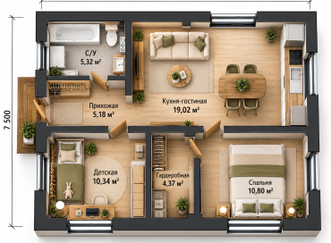 Планировка дома «Инкерман» 67,5 м² с двумя спальнями и кухней-гостиной