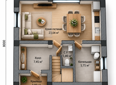 Планировка дома «Ветерок» 112 м² с тремя спальнями и кухней-гостиной